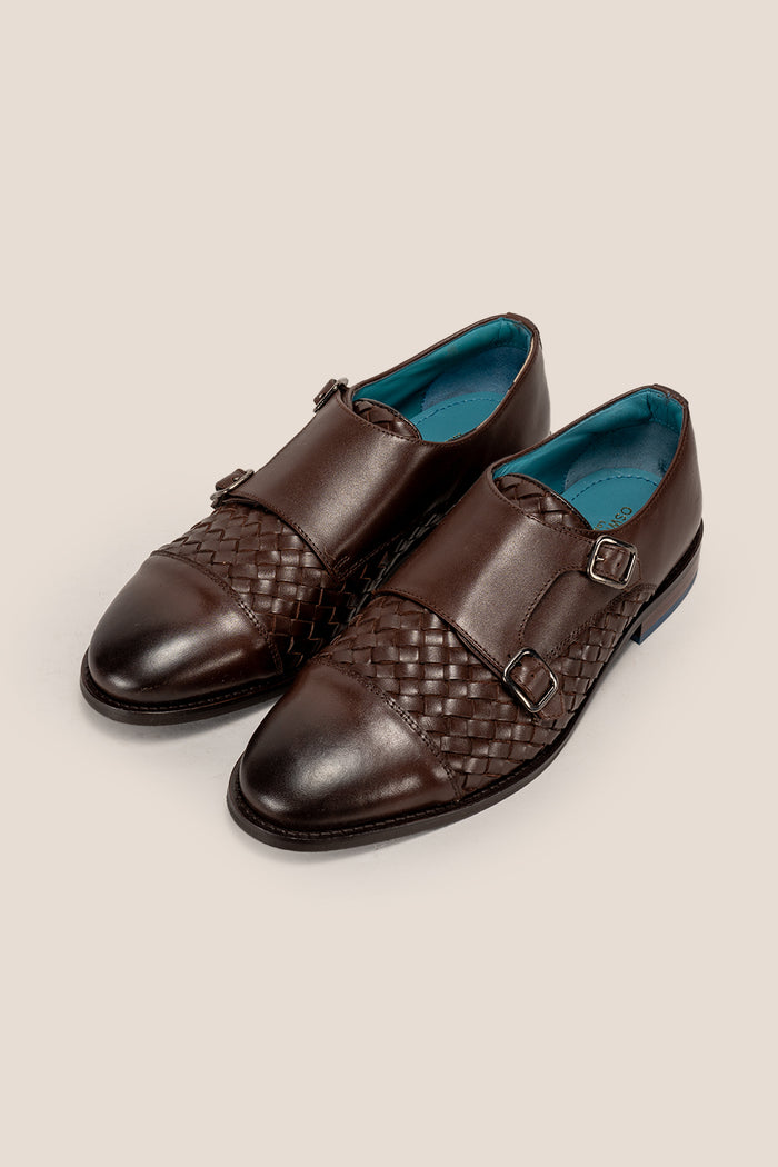 Hudson brown woven toecap monk leather shoes for men – premium leather shoes with a woven front design and elegant monk strap closure.