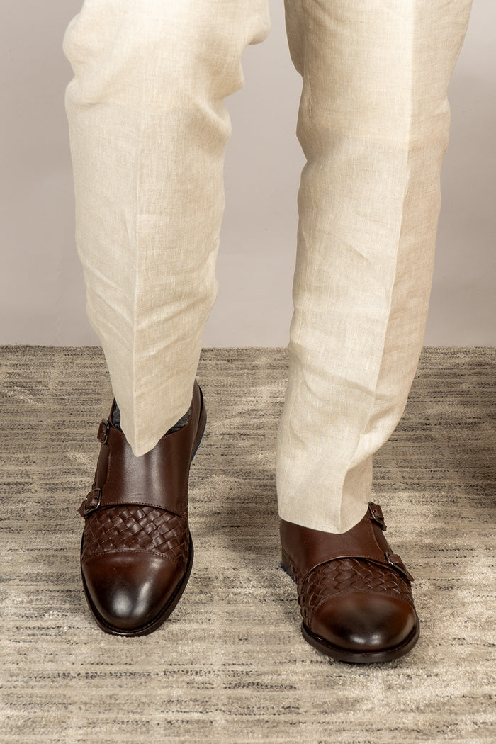 Hudson brown woven toecap monk leather shoes for men – premium leather shoes with a woven front design and elegant monk strap closure.