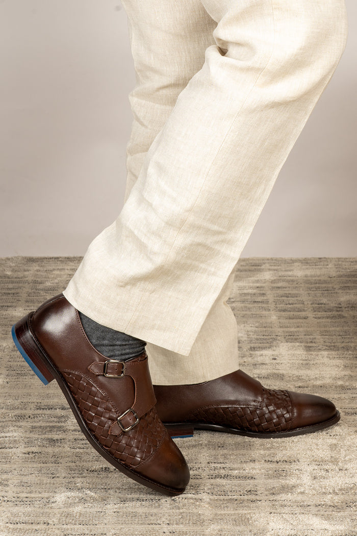 Hudson brown woven toecap monk leather shoes for men – premium leather shoes with a woven front design and elegant monk strap closure.