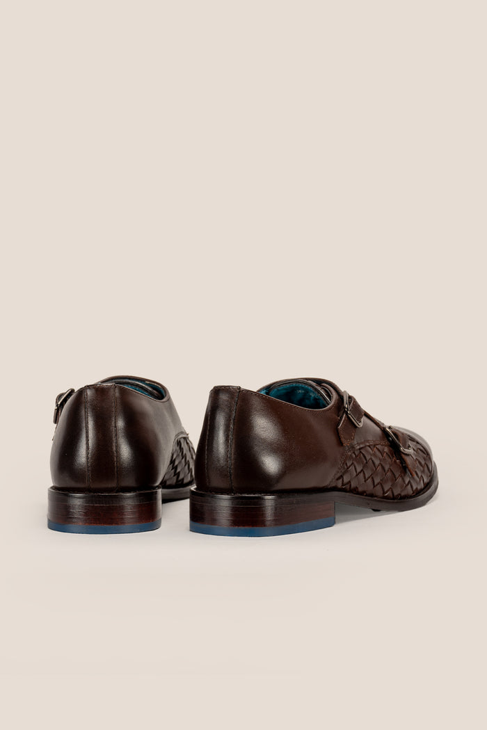 Hudson brown woven toecap monk leather shoes for men – premium leather shoes with a woven front design and elegant monk strap closure.