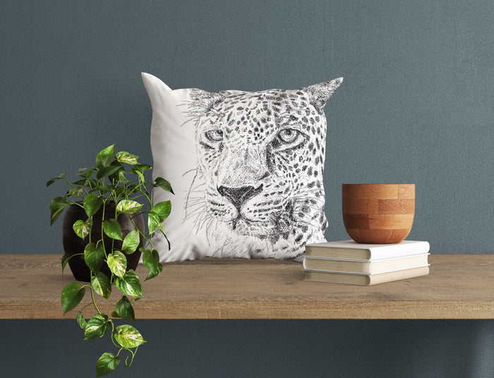 Leopard Big Cat Wildlife Throw Pillow Cover, Animal Pillow, Artist Pillow, Black White Pillow, Housewarming Gift, Indoor Pillow Cases