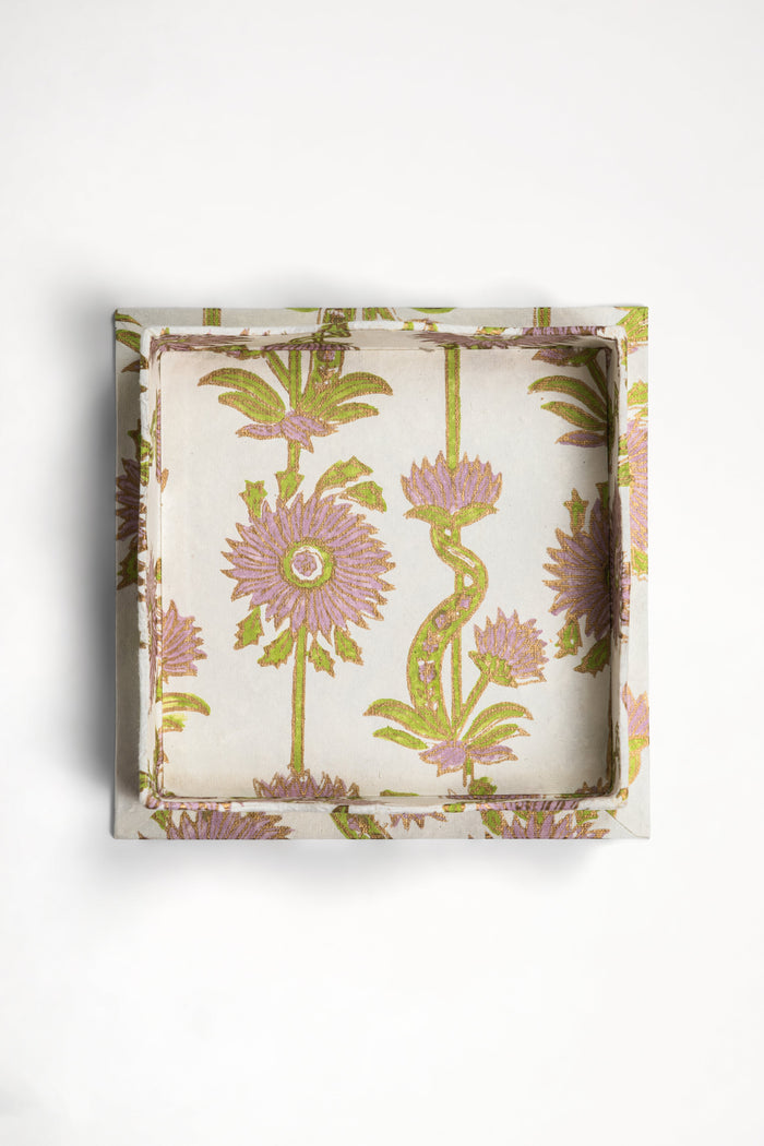 Lilac Floral Vines Blockprint Scalloped Decorative Trays — overhead view of the Lilac flowers and Green stems; Inner Child