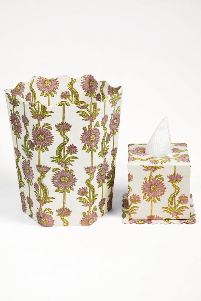 Lilac Floral Vines Scalloped Tissue Box Cover — tissue box beside a separately sold matching wastebasket; Inner Child