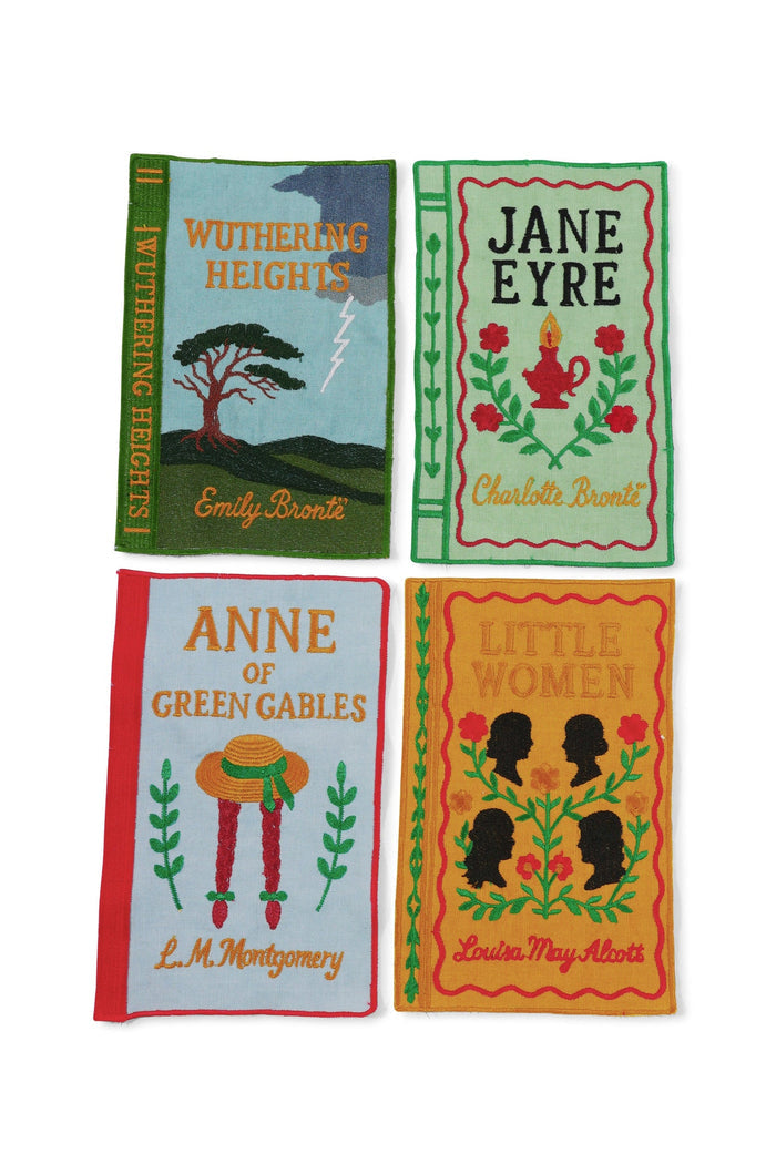 Literary Heroines Embroidered Linen-Blend Cocktail Napkins — four Literary Heroines cocktail napkins with embroidered book designs; Inner Child