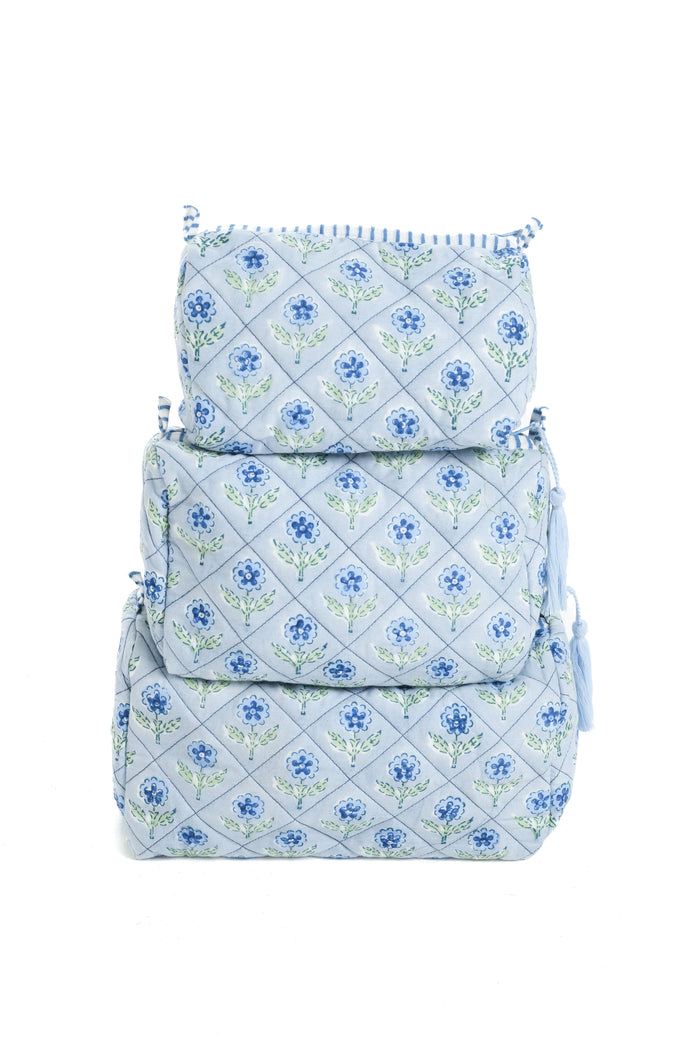 Mona Blue Blockprint Cotton Makeup Bag — Mona Blue wash bags showing three selectable sizes; Inner Child