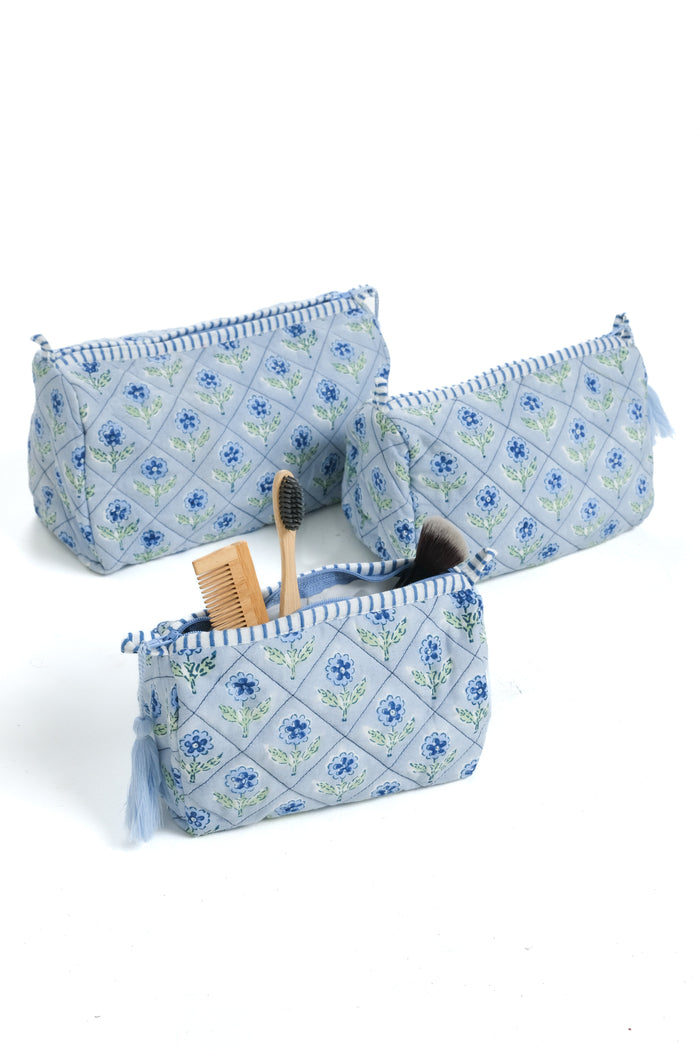Mona Blue Blockprint Cotton Makeup Bag — open and closed Mona Blue bags with separate grooming accessories; Inner Child
