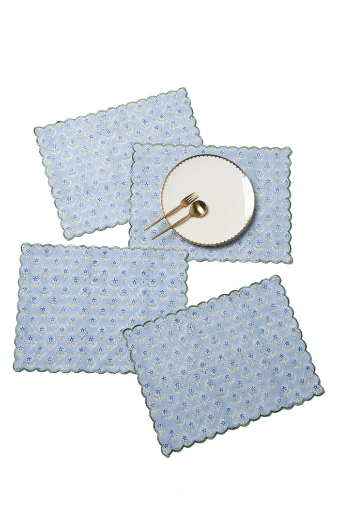 Mona Blue Scalloped Cotton Placemat — Mona Blue placemats shown with separate plate and flatware; Inner Child