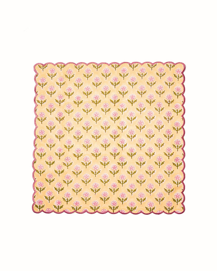 Mona Butter Yellow Scalloped Cotton Napkins — full napkin showing repeated Pink floral motifs; Inner Child