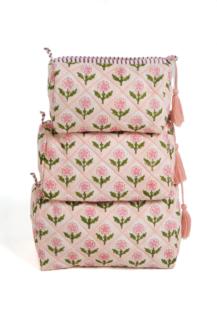 Mona Pink Blockprint Cotton Makeup Bag — Mona Pink wash bags showing three selectable sizes; Inner Child