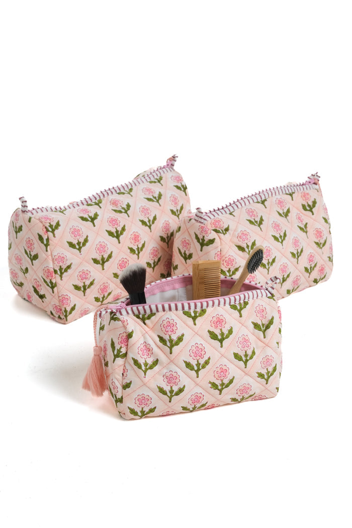 Mona Pink Blockprint Cotton Makeup Bag — open wash bags with separate grooming accessories; Inner Child