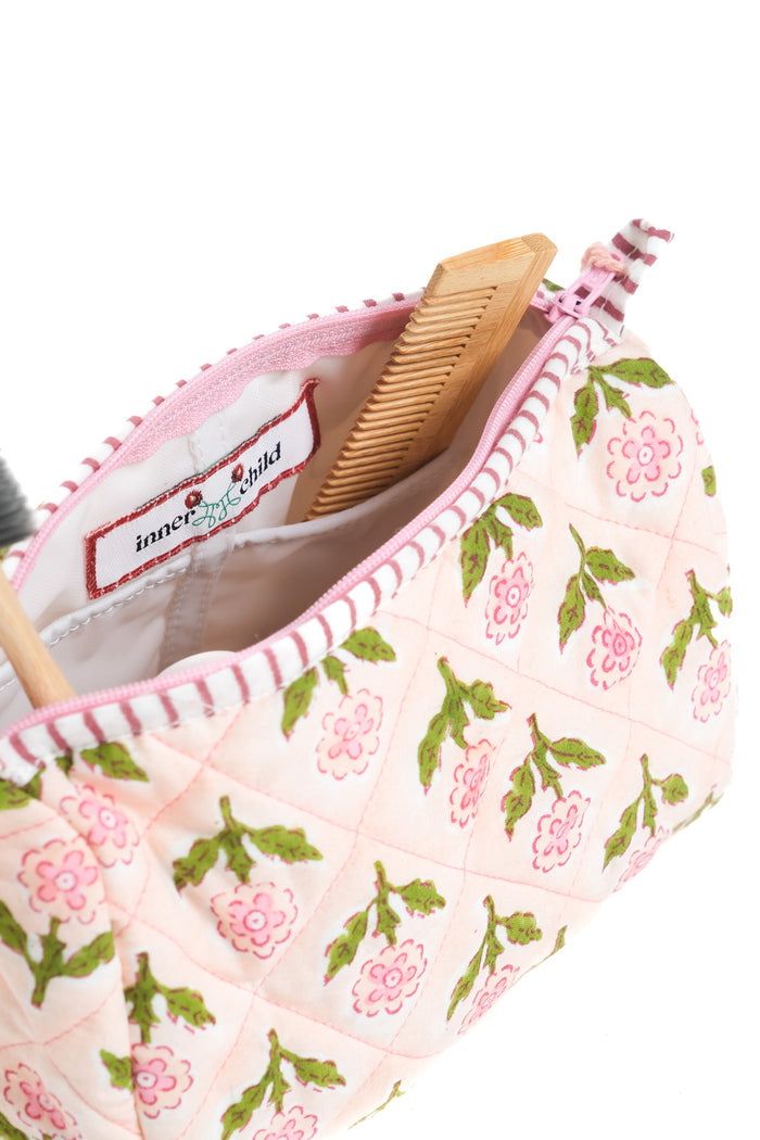 Mona Pink Blockprint Cotton Makeup Bag — close view of the lining and internal pocket; Inner Child
