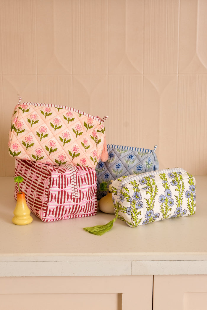 Mona Pink Blockprint Cotton Makeup Bag — Mona Pink bags beside separately sold patterned bags; Inner Child