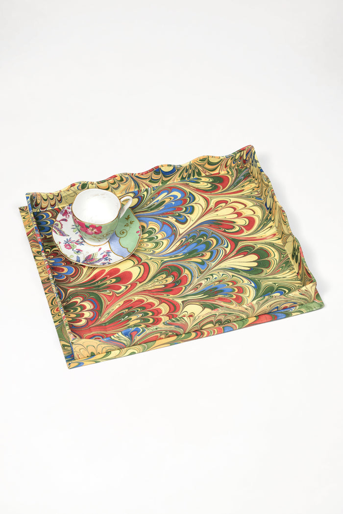 Multicolor Marbled Scalloped Decorative Trays — Large tray styled with a separate teacup and saucer; Inner Child
