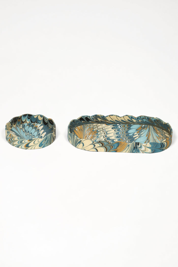 Nila Feathers Marbled Round and Oval Desk Trays — overhead view of the two tray shapes; Inner Child