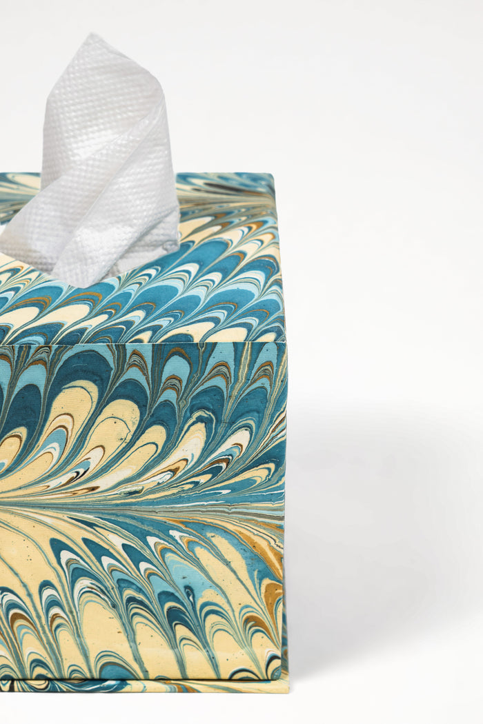 Nila Feathers Marbled Tissue Box Cover — close view of the feathered Blue marbling and top opening; Inner Child