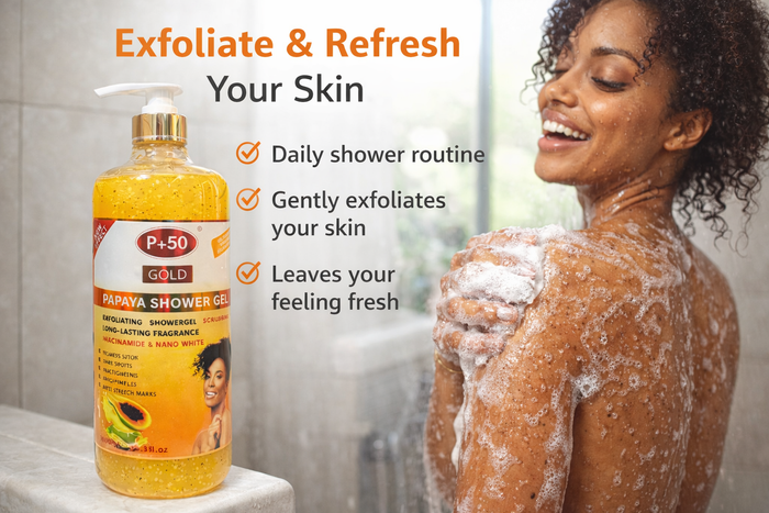 P+50 GOLD Exfoliating Papaya Brightening Shower Gel Scrub (1000ml)