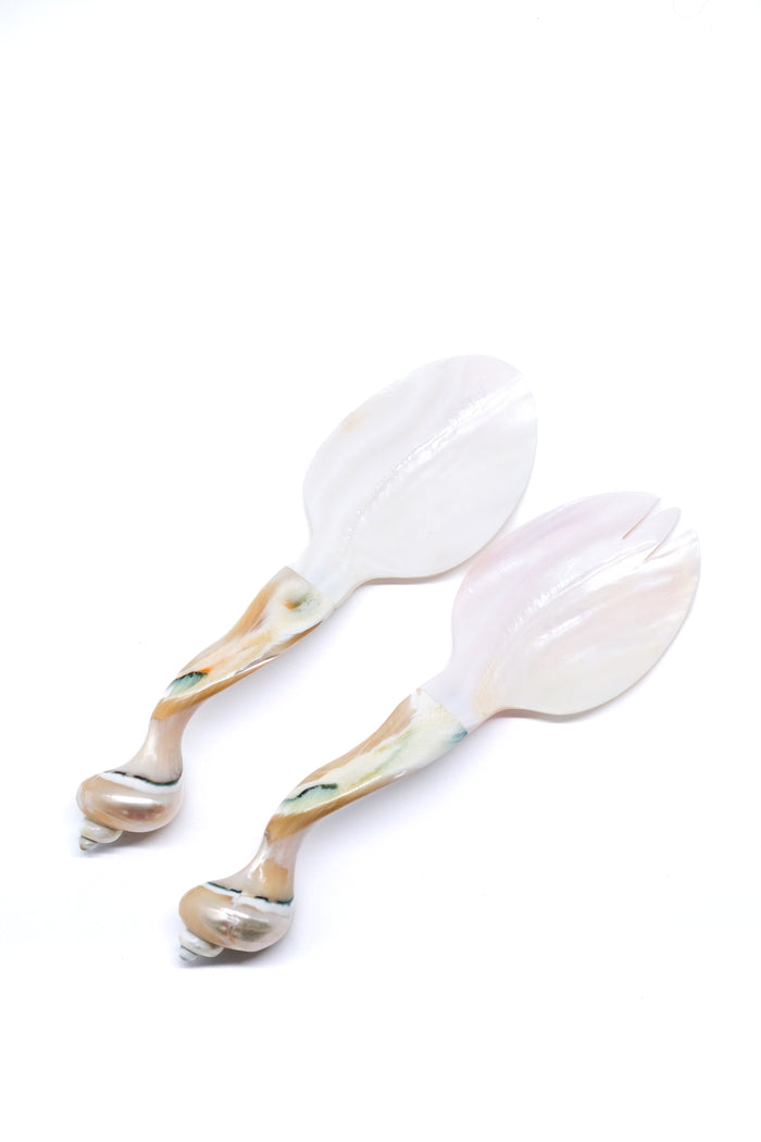 Pearl White Seashell Mother-of-Pearl Serving Utensils — Pearl White Seashell serving pair with shell-shaped handle ends; Inner Child