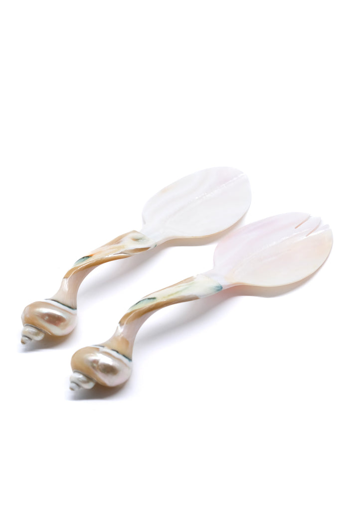 Pearl White Seashell Mother-of-Pearl Serving Utensils — serving utensils shown together from the side; Inner Child