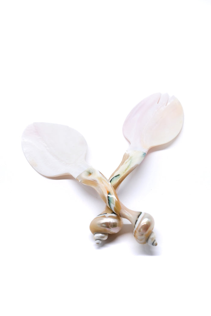 Pearl White Seashell Mother-of-Pearl Serving Utensils — angled view of both shell-shaped serving bowls; Inner Child