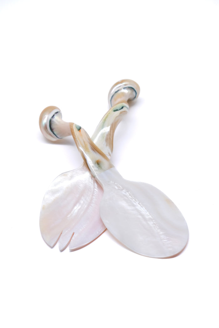 Pearl White Seashell Mother-of-Pearl Serving Utensils — serving pair arranged with handles overlapping; Inner Child