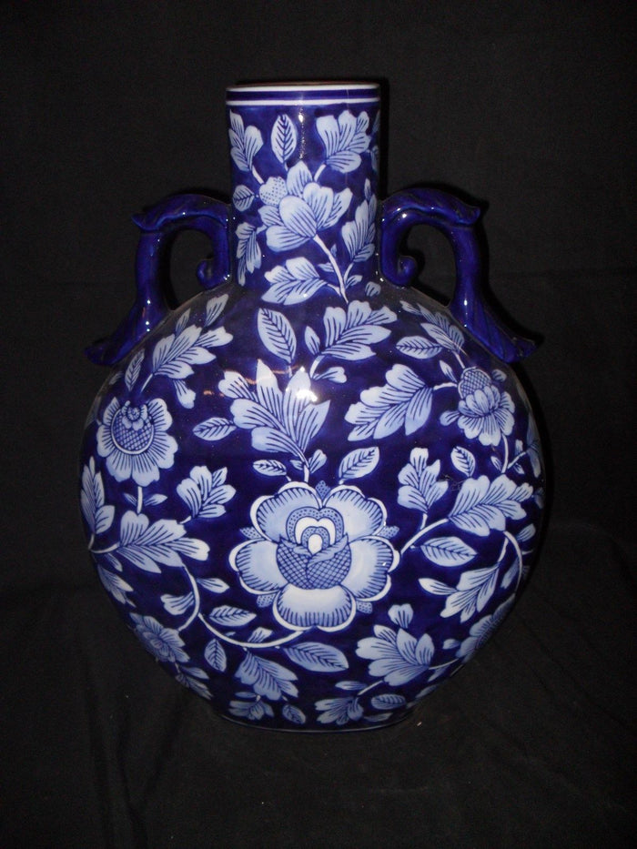 Porcelain - Vase Cobalt Porcelain Floral w/ Crazed Finish-Jantiques LLC.