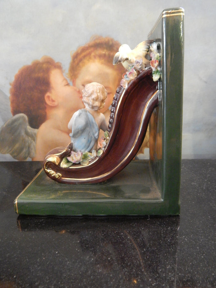 Porcelain Bookends - Pair Dresden Sitting Cherub-Jantiques LLC.