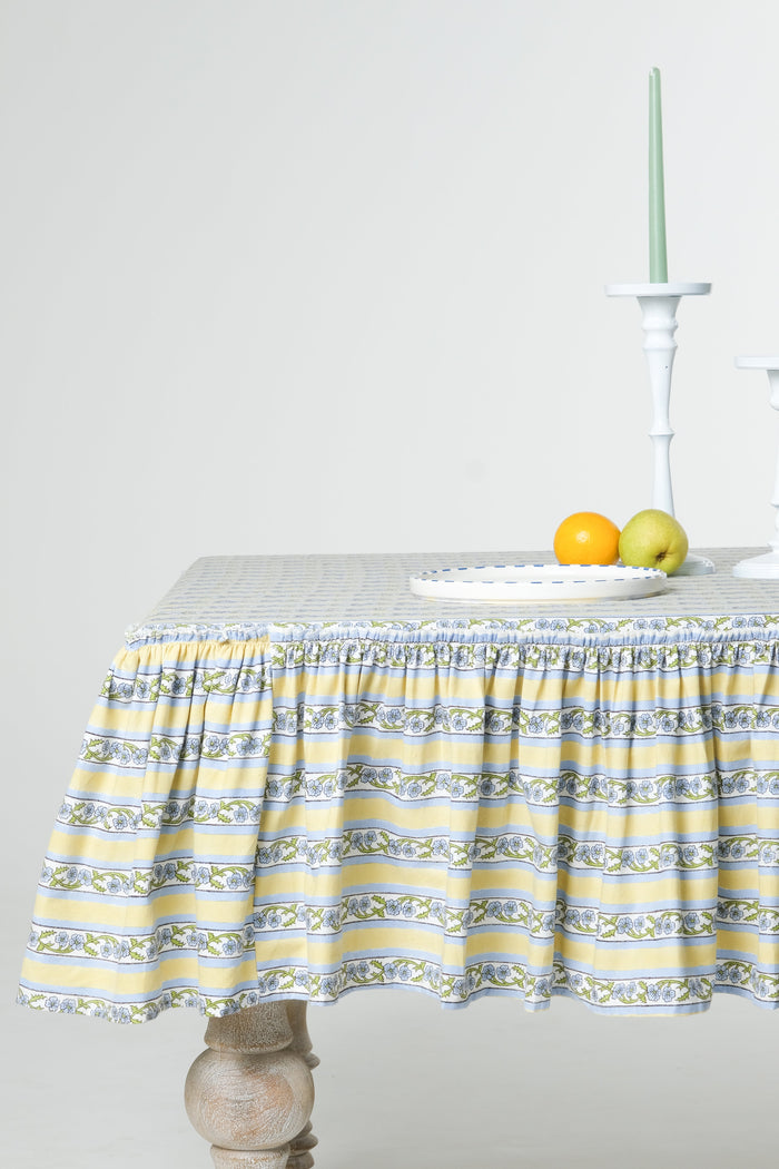 Provence Butter Yellow Ruffled Cotton Tablecloth — Provence Butter Yellow tablecloth with gathered ruffle; Inner Child