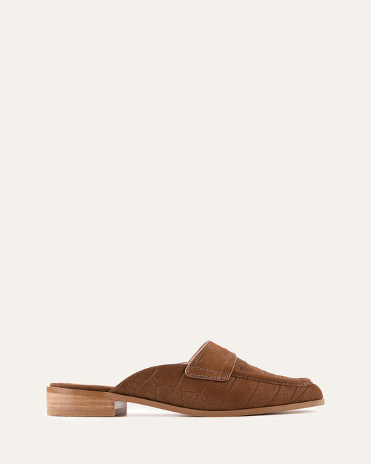 Brown suede loafer on a white background