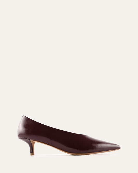 Brown high-heeled shoe on a white background