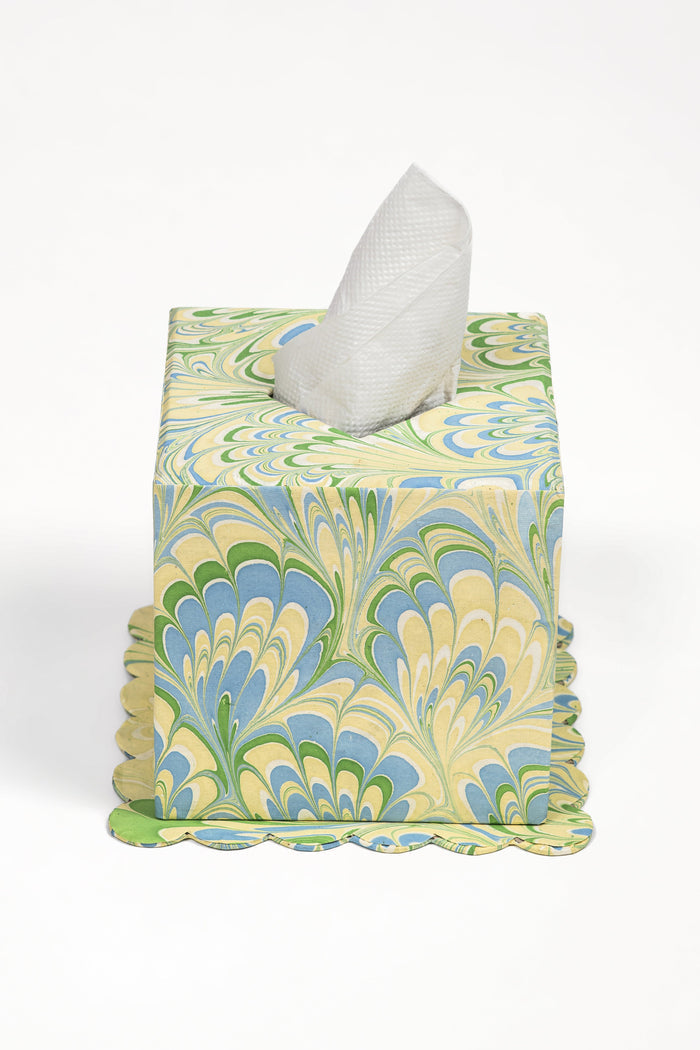 Seaglass Peacock Marbled Scalloped Tissue Box Cover — Seaglass Peacock tissue box with scalloped lower edge; Inner Child