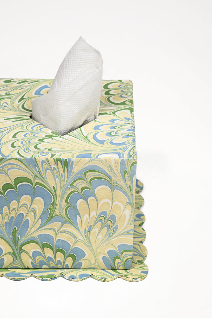 Seaglass Peacock Marbled Scalloped Tissue Box Cover — close view of the marbled tissue box and top opening; Inner Child