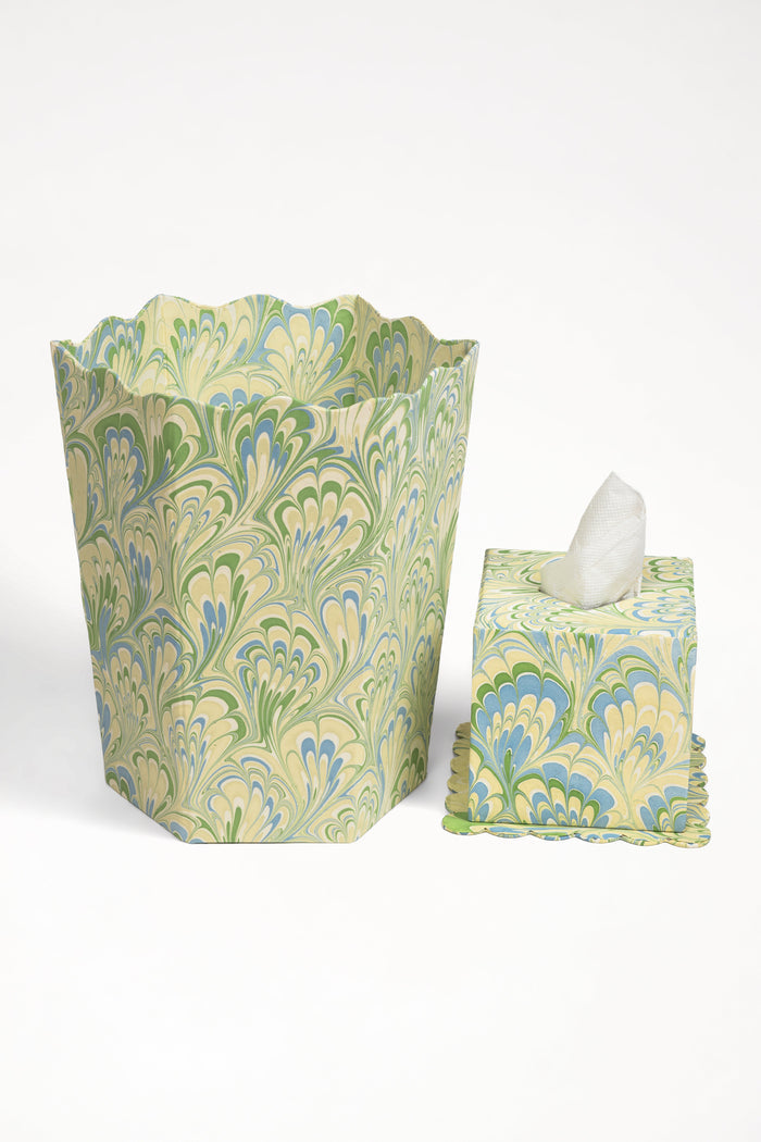 Seaglass Peacock Marbled Scalloped Tissue Box Cover — tissue box beside a separately sold matching wastebasket; Inner Child