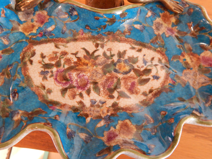 Sevres Porcelain - Blue Dish French w/ Gilt Bronze Ormolu Lady Standing-Jantiques LLC.