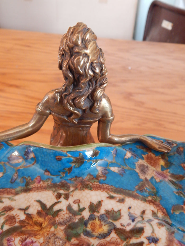 Sevres Porcelain - Blue Dish French w/ Gilt Bronze Ormolu Lady Standing-Jantiques LLC.