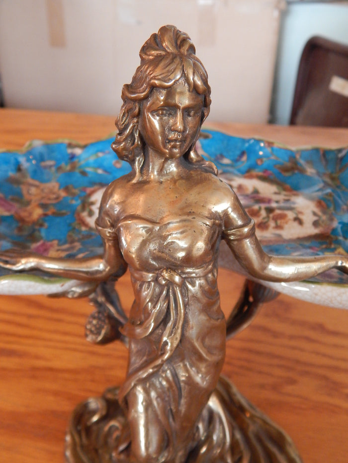 Sevres Porcelain - Blue Dish French w/ Gilt Bronze Ormolu Lady Standing-Jantiques LLC.