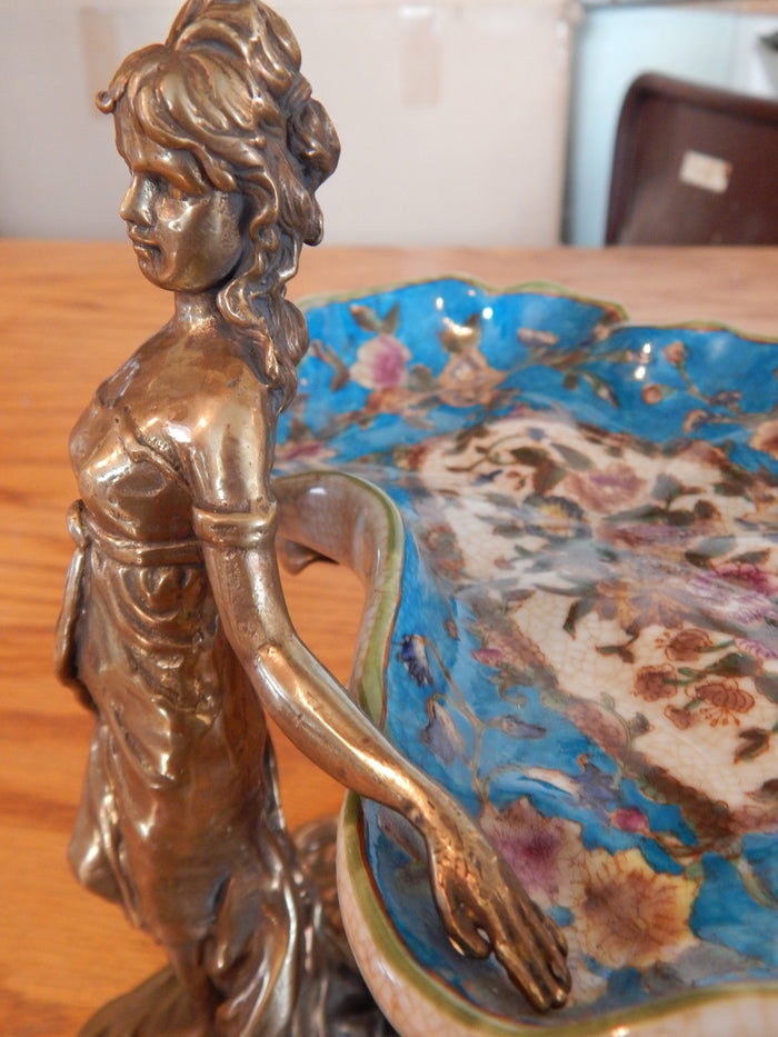 Sevres Porcelain - Blue Dish French w/ Gilt Bronze Ormolu Lady Standing-Jantiques LLC.