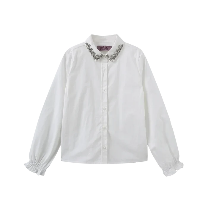 shirt l/s crystal collar - white