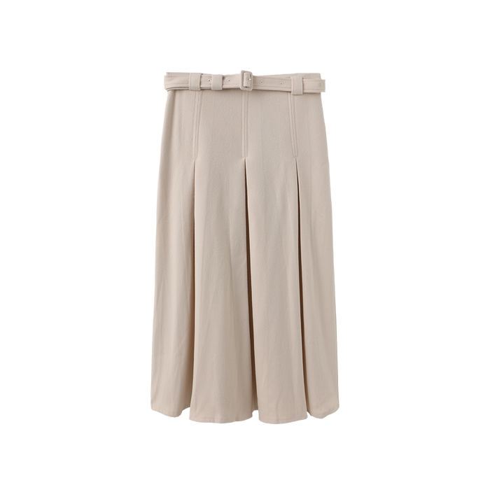 skirt wool wide pleated with waist belt - cream