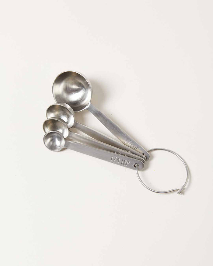 Stowe Measuring Spoons — four silver measuring spoons on a ring; Farmhouse Pottery