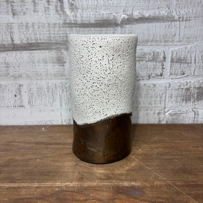 Tall Textured Ceramic Candle Holder in White and Bronze
