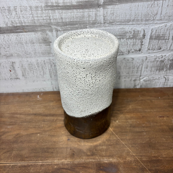 Tall Textured Ceramic Candle Holder in White and Bronze