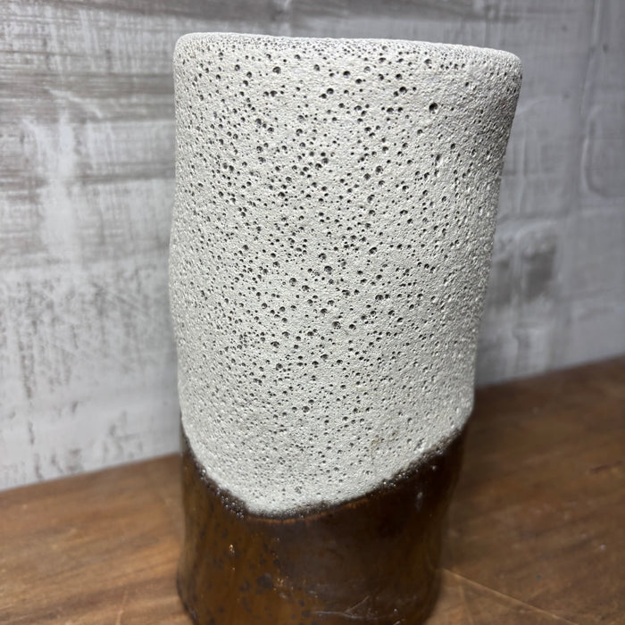 Tall Textured Ceramic Candle Holder in White and Bronze