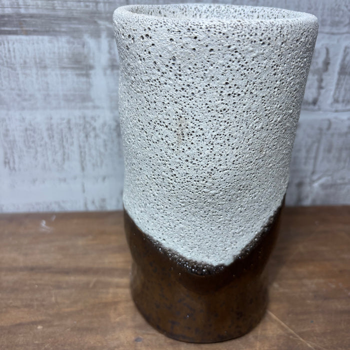 Tall Textured Ceramic Candle Holder in White and Bronze