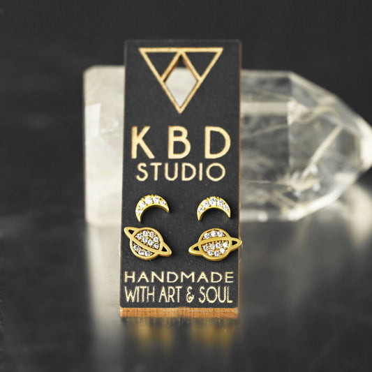 To The Moon & Back Studs with Pave Stones