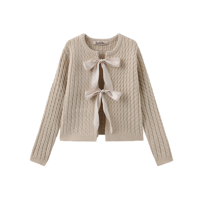 top l/s cable knit bow cardigan - oatmeal