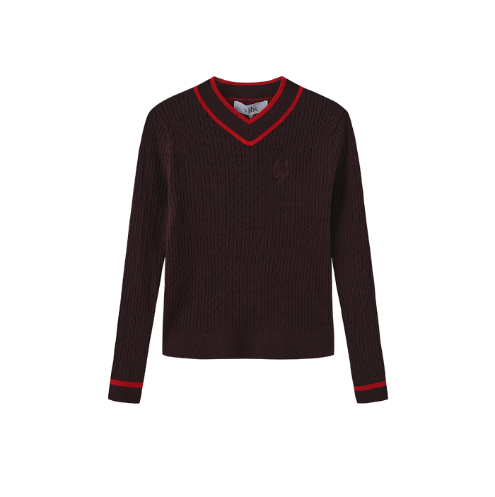 top l/s cable knit striped trim v sweater - purple