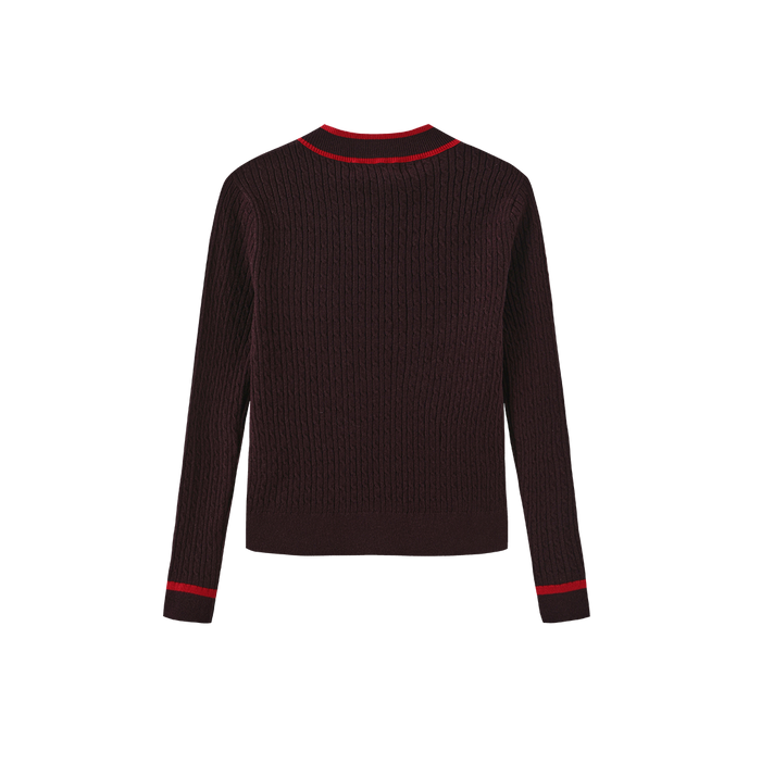 top l/s cable knit striped trim v sweater - purple