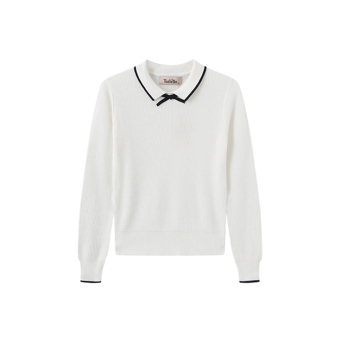 top l/s color trim collared sweater - ivory
