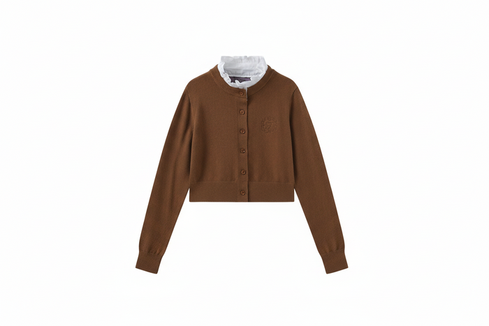 top l/s knit ruffle trim crest cardigan - brown