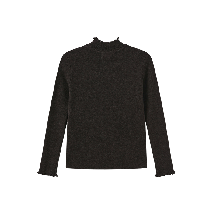 top l/s ruffle trim knit sweater - brown